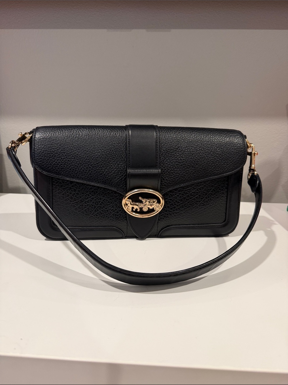 Coach Black Pebbled Leather Crossbody with Gold Horsecarriage Emblem
